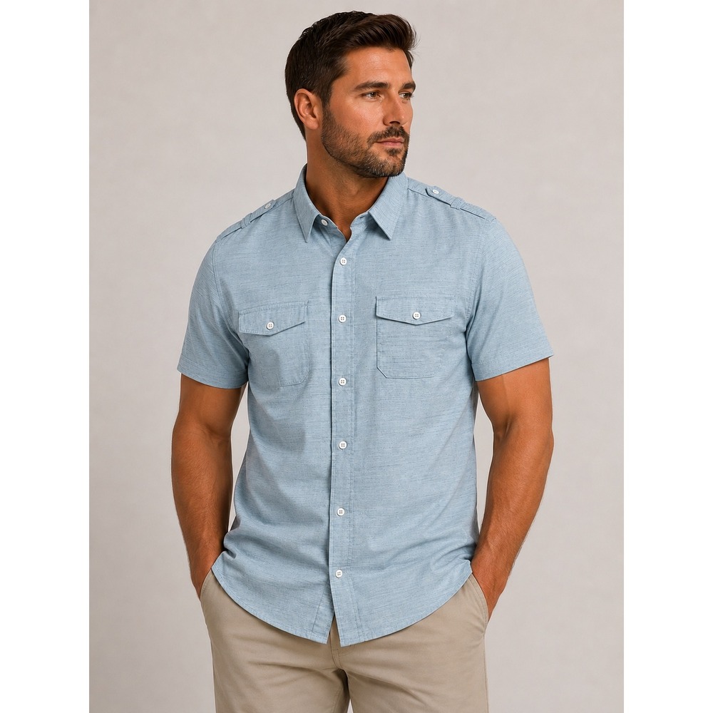 PD&C Mens 2X Big & Tall Athletic Stretch Short Sleeve Button Down Shirt Blue NEW